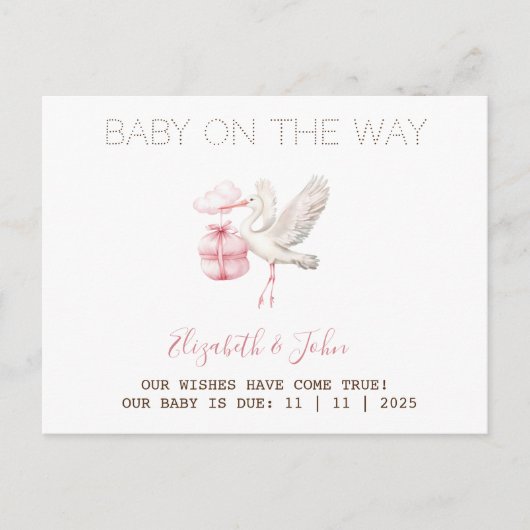 Carte Postale Faire-part Cute Stork Pink Present (Devant)