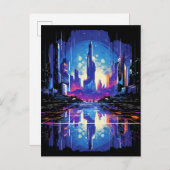 Carte Postale Faire-part Cyberpunk City Skyline futuriste (Devant / Derrière)