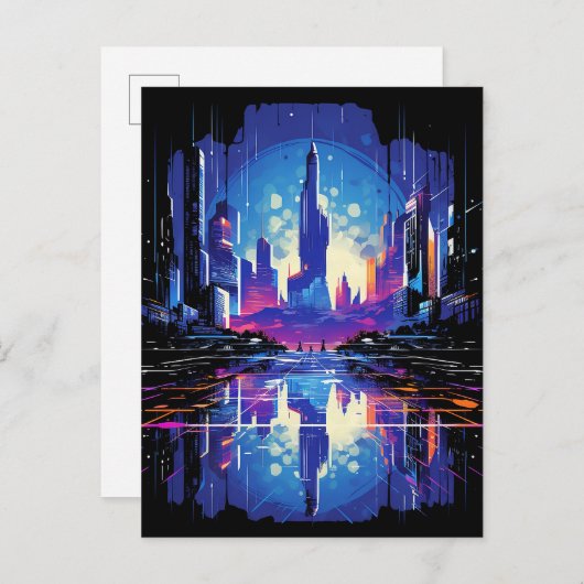 Carte Postale Faire-part Cyberpunk City Skyline futuriste (Devant / Derrière)