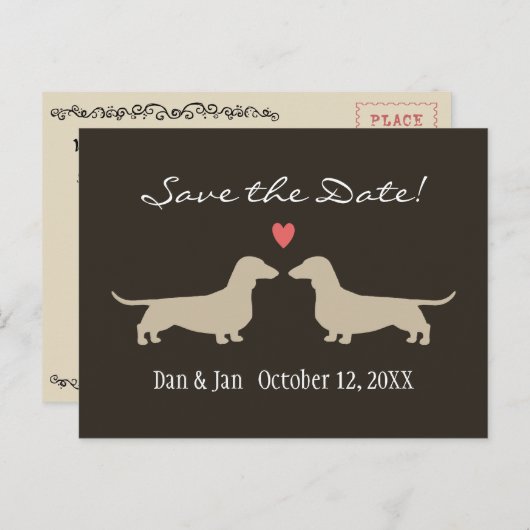 Carte Postale Faire-part Dachshund Chien Silhouettes Mariage Enregistrer la (Devant / Derrière)