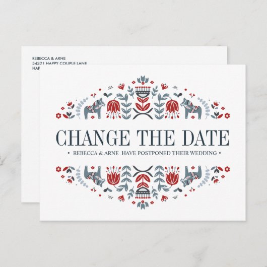 Carte Postale Faire-part Dala Chevaux MARIAGE CHANGER LA DATE POSTPONEMENT (Devant / Derrière)