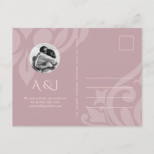 Carte Postale Faire-part Damas en ivoire rose photo mariage Enregistrer la (Dos)