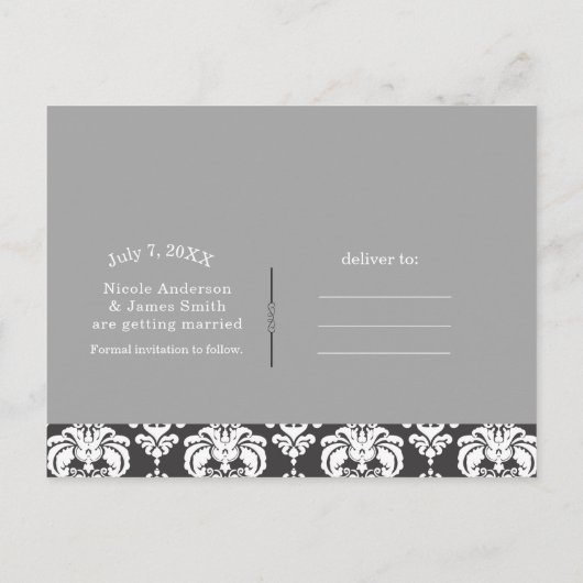Carte Postale Faire-part Damas gris & blanc Chic Wedding Enregistrer la dat (Dos)