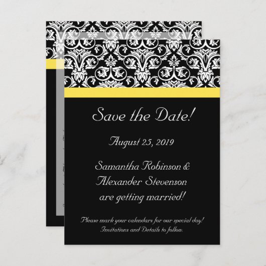Carte Postale Faire-part Damas noir/blanc avec jaune vif (Devant / Derrière)