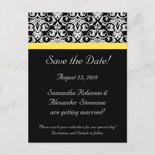 Carte Postale Faire-part Damas noir/blanc avec jaune vif (Devant)