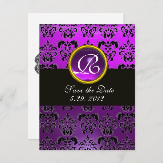 Carte Postale Faire-part DAMAS NOIR ET BLANC Monogramme Améthyste Violet (Devant / Derrière)