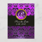 Carte Postale Faire-part DAMAS NOIR ET BLANC Monogramme Améthyste Violet (Devant)