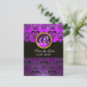 Carte Postale Faire-part DAMAS NOIR ET BLANC Monogramme Améthyste Violet (Debout devant)