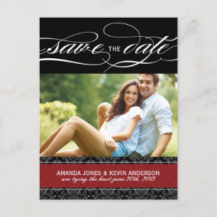 Carte Postale Faire-part Damas noir et rouge Enregistrer la date