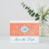 Carte Postale Faire-part Damas orange, turquoise et gris Enregistrer la dat (Debout devant)