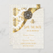 Carte Postale Faire-part Damas parchemin blanc et or enregistrer la date (Devant / Derrière)