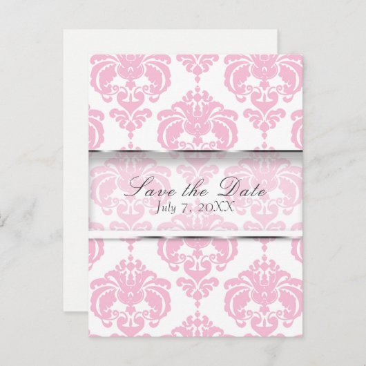Carte Postale Faire-part Damas rose & blanc Chic Wedding Enregistrer la dat (Devant / Derrière)