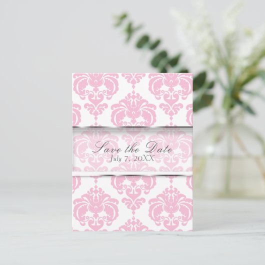 Carte Postale Faire-part Damas rose & blanc Chic Wedding Enregistrer la dat (Debout devant)