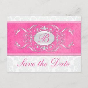 Carte Postale Faire-part Damas rose, blanc et gris Enregistrer la date
