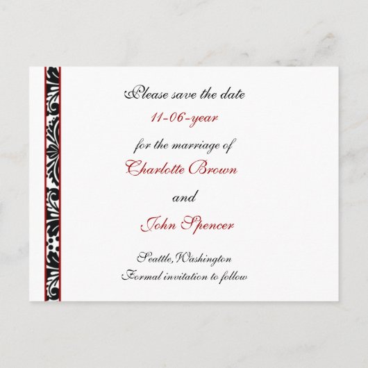 Carte Postale Faire-part damas rouge Enregistrer la date (Dos)