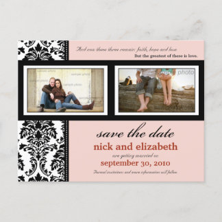 Carte Postale Faire-part Damask 2-Photo rose-noir-blanc Enregistrer la date