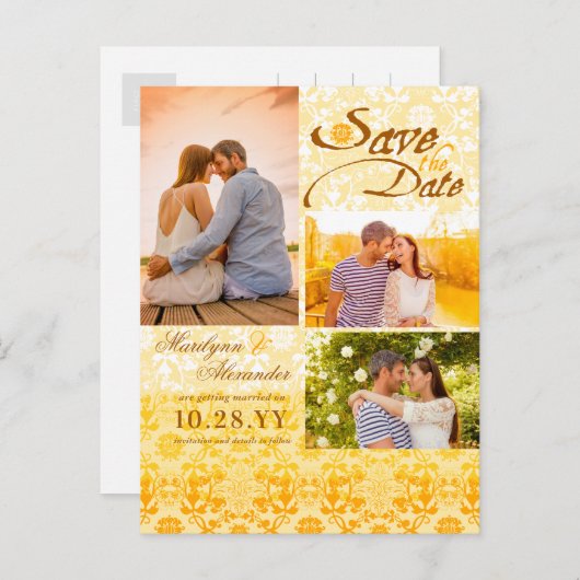 Carte Postale Faire-part Damask Lace Golden Yellow Photo Enregistrer la dat (Devant / Derrière)