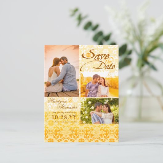 Carte Postale Faire-part Damask Lace Golden Yellow Photo Enregistrer la dat (Debout devant)