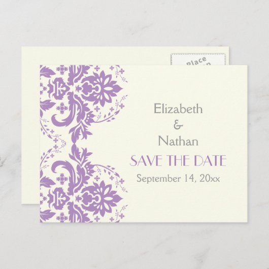 Carte Postale Faire-part Damask lavande, gris, mariage d'ivoire Enregistrer (Devant / Derrière)