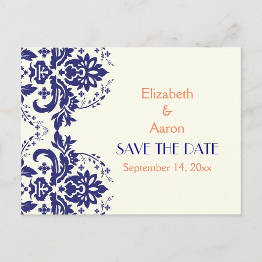 Carte Postale Faire-part Damask marine bleu, mariage de corail Enregistrer (Devant)