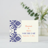 Carte Postale Faire-part Damask marine bleu, mariage de corail Enregistrer (Debout devant)