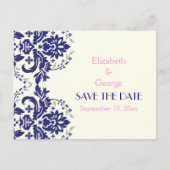 Carte Postale Faire-part Damask marine bleu, mariage rose Enregistrer la da (Devant)