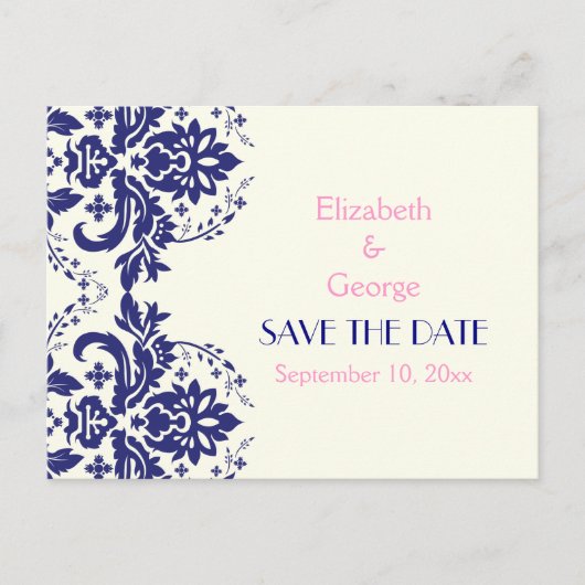 Carte Postale Faire-part Damask marine bleu, mariage rose Enregistrer la da (Devant)