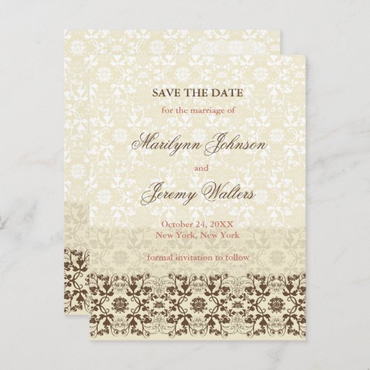 Carte Postale Faire-part Damask Swirls Lace Coffee Enregistrer La Date Cart (Devant / Derrière)