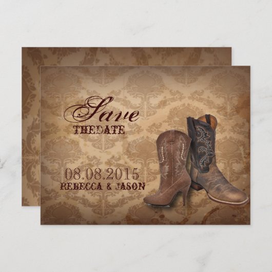 Carte Postale Faire-part damassé rustique mariage Western Cowboy sauvegarde (Devant / Derrière)