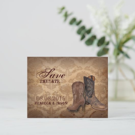 Carte Postale Faire-part damassé rustique mariage Western Cowboy sauvegarde (Debout devant)
