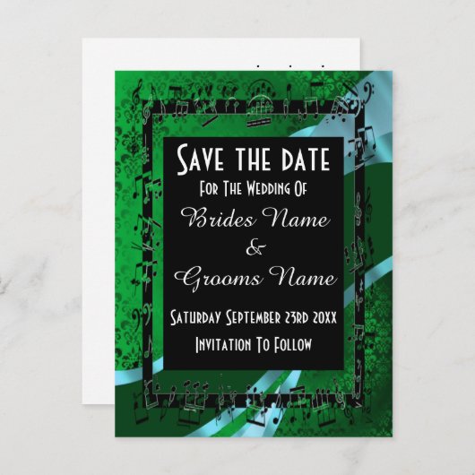 Carte Postale Faire-part Damassé vert irlandais et save the date noir (Devant / Derrière)