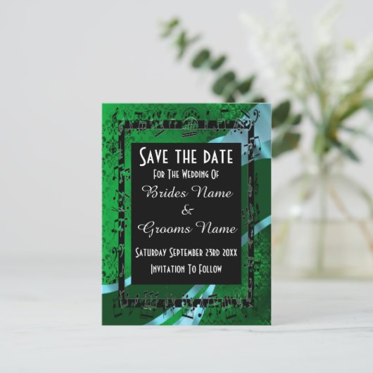 Carte Postale Faire-part Damassé vert irlandais et save the date noir (Debout devant)