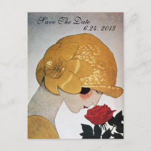 CARTE POSTALE FAIRE-PART DAME AVEC MARIAGE ROSE ROUGE ENREGISTRER LA DATE