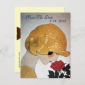CARTE POSTALE FAIRE-PART DAME AVEC ROSE ROUGE MARIAGE ÉPARGNEZ LA DATE (Devant / Derrière)