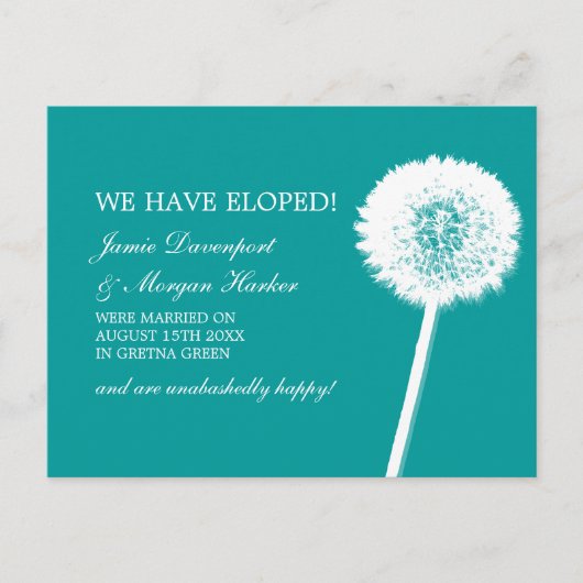 Carte Postale Faire-part Dandelion Elopement blanc et Turquoise (Devant)