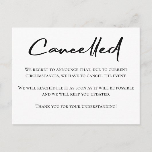 Carte Postale Faire-part d'annulation de l'événement en noir et  (Devant)
