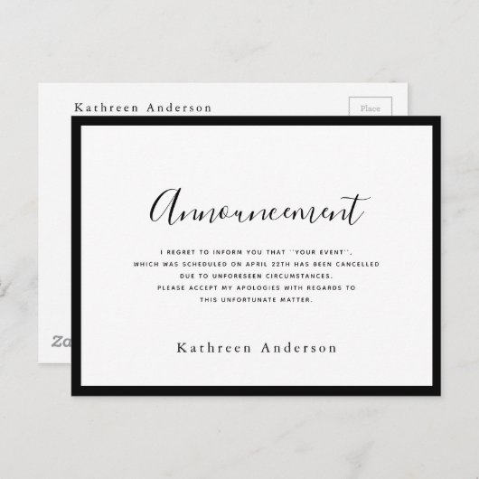 Carte postale Faire-part d'annulation de script bl (Devant / Derrière)