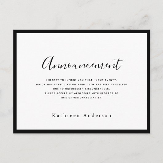 Carte postale Faire-part d'annulation de script bl (Devant)