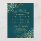 Carte Postale Faire-part Dark Teal & Gold Wedding Save the Date Calendar (Devant)