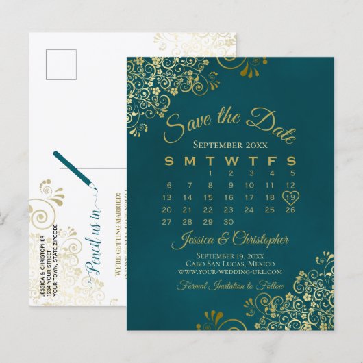 Carte Postale Faire-part Dark Teal & Gold Wedding Save the Date Calendar (Devant / Derrière)