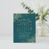 Carte Postale Faire-part Dark Teal & Gold Wedding Save the Date Calendar (Debout devant)