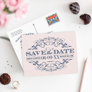 Carte Postale Faire-part Date à retenir Rose Pâle et Marine à Rinceaux