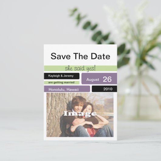 Carte Postale Faire-part Date à retenir Violet Vert et Noir (Debout devant)