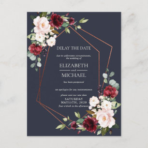 Carte Postale Faire-part Date de retard en bleu de bordeaux géométrique de