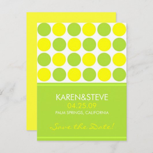 Carte Postale Faire-part Dates de sauvegarde vert citron et jaune (Devant / Derrière)