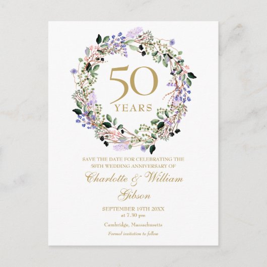 Carte Postale Faire part de 50e anniversaire de mariage à fleurs (Devant)