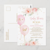 Carte Postale Faire-part de Baby Shower Ballons Floraux Rose Chi (Devant / Derrière)