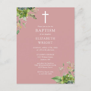 Carte Postale Faire-part de baptême à monogramme avec verdure ro