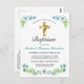 Carte Postale Faire-part de baptême garçon croix or bleu élégant (Devant / Derrière)