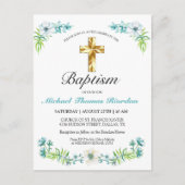 Carte Postale Faire-part de baptême garçon croix or bleu élégant (Devant)